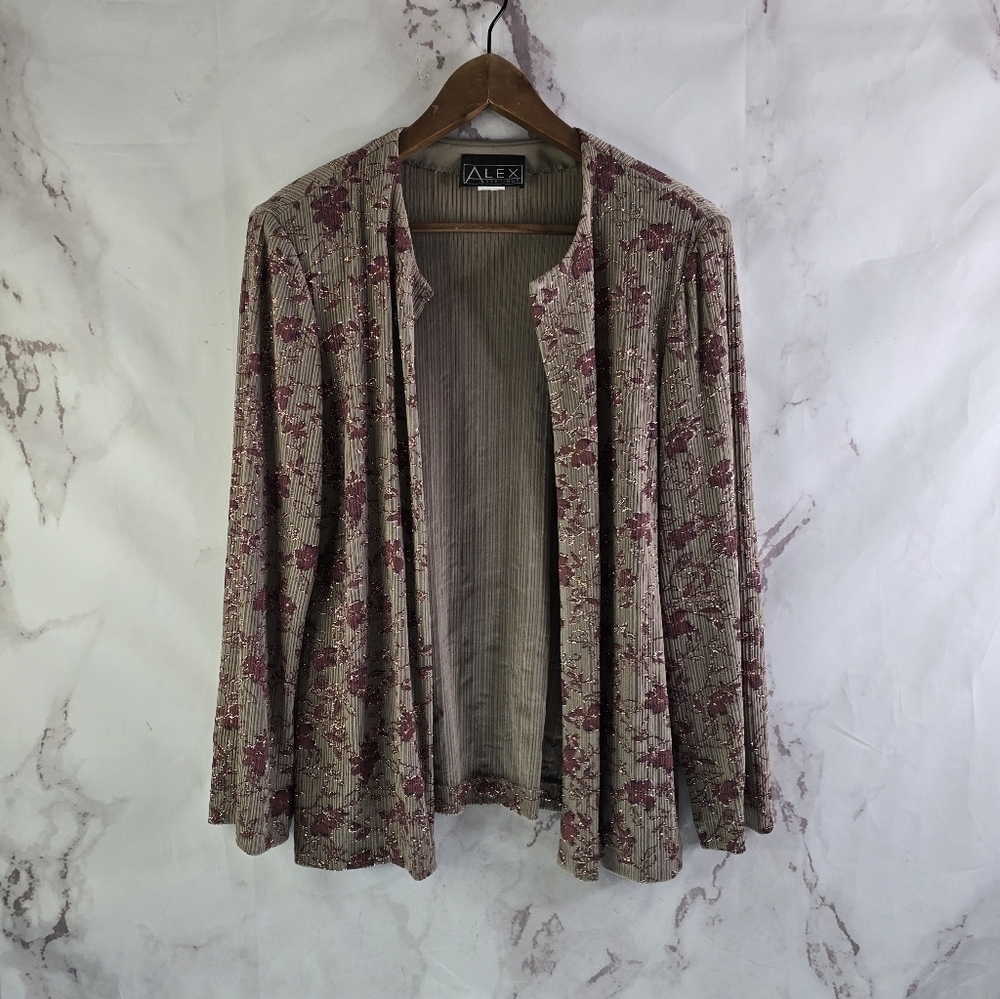 Alex Evenings Jacket Women Large Pink Tan Glitter Sparkle Shimmer Metallic
